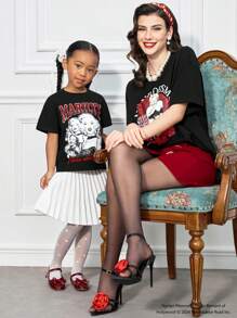 Marilyn Monroe X SHEIN Young Girl 1pc Black Casual Versatile English Letter & Figure Print Crew Neck Short Sleeve T-Shirt