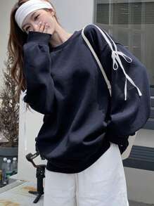 DAZY Áo nỉ nữ tay dài cổ tròn in họa tiết sọc màu tương phản, quần áo nữ mùa thu - Màu xanh hải quân - Xem 4