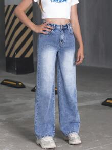 SHEIN Tween Girl Bow Print Denim Jeans,Holiday,Summer,Travel - Medium Wash - View 6