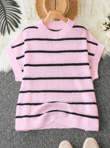 Calvaya 大码圆领条纹印花短袖针织上衣 - 粉色 - 查看 1