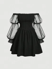 SHEIN MOD Plus Size Women Off-Shoulder Romantic Flare Sleeve Contrast Mesh Mini Dress - Black - View 1