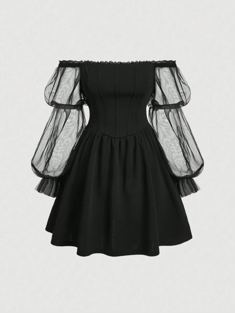 SHEIN MOD Plus Size Women Off-Shoulder Romantic Flare Sleeve Contrast Mesh Mini Dress - Black - View 1