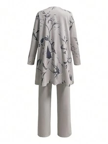 3pcs Women Floral Print Cardigan, Solid Color Sleeveless Top & Pants Elegant Set Spring Vacation - Grey - View 2