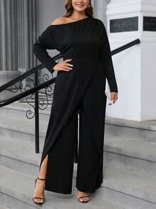SHEIN Clasi Plus Size Asymmetric Collar Long Sleeve Split Overall In Solid Color