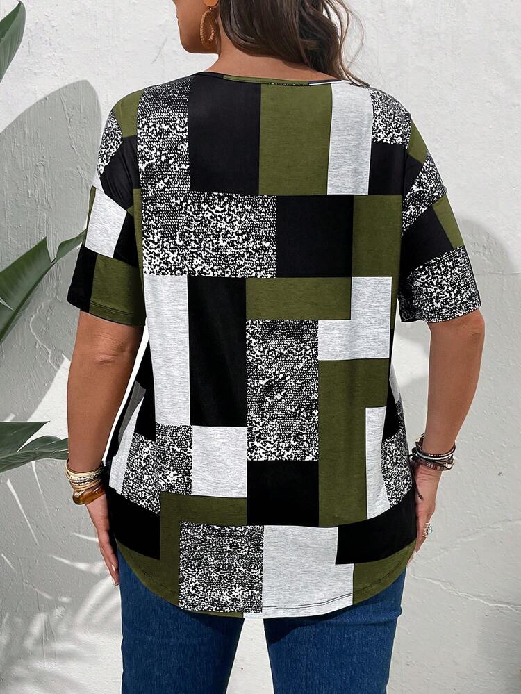Plus Size Casual Colorblock Print T-Shirt, Summer