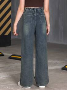SHEIN Explorewe Tween Girl All-Match Classic Retro Distressed Washed Wide Leg Denim Jeans Summer Holiday - Medium Wash - View 2