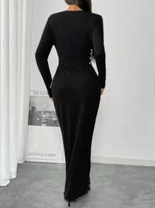 Modelyn 女士圆领长袖拼色前系带修身连衣裙 - 黑色 - 查看 2