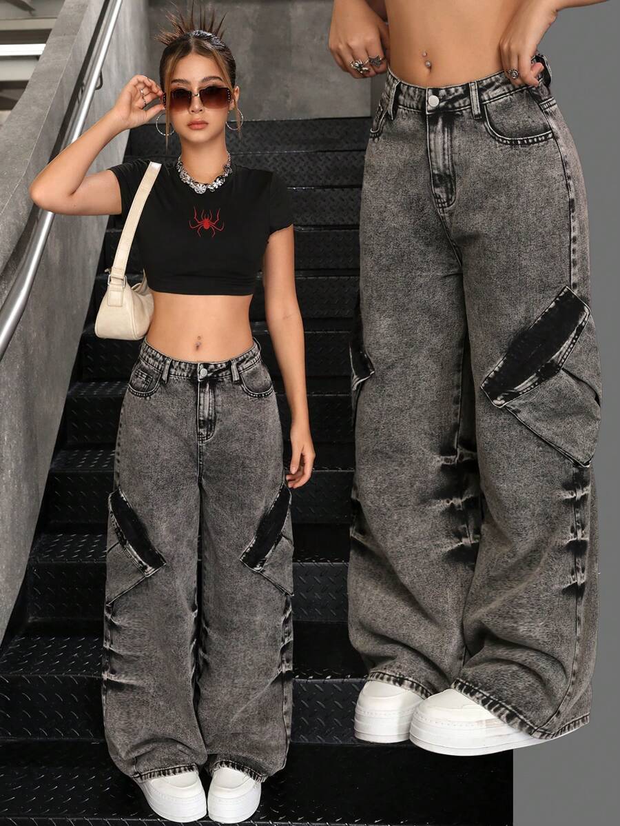 SHEIN Teen Girls Y2K Punk Fashion Stonewashed Flap Pocket Denim Wide Leg Cargo Jeans Pants, Girls Fall Clothes Back To School Streetwear Outfits
