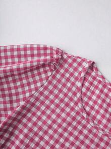 Breezaya 夏季休闲格子圆领泡泡袖连衣裙 - 玫紅色 - 查看 5