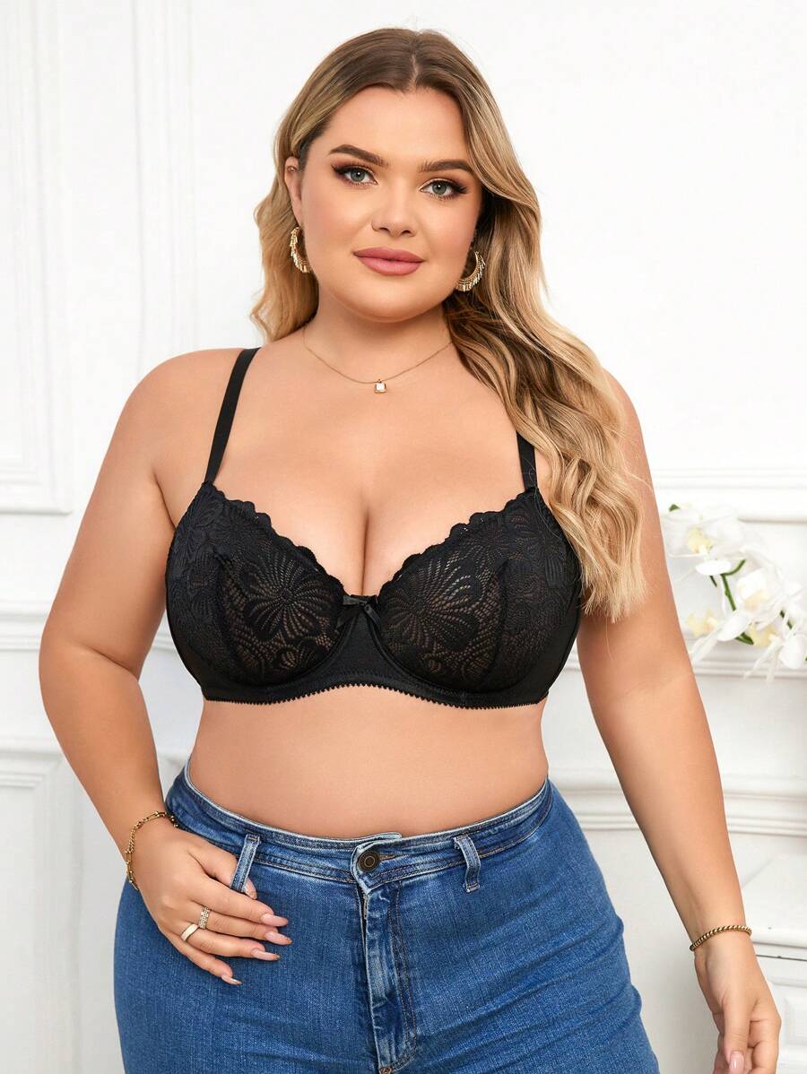 1 件大码优雅黑色蕾丝钢圈文胸、内衣 - 黑色 - 查看 1