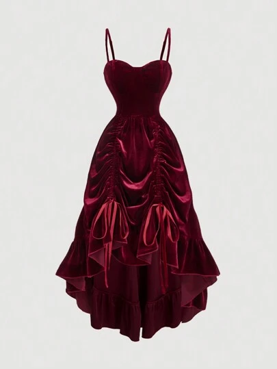 SHEIN MOD Plus Size Kvinnor Burgundy Velvet Långa Klänningar,Höstens bröllopsgästklänning,Hemkomstklänningar,Brunch Kvinnor Outfit,Renässansmässa, Klänning,, Klänning,Bridgerton Style Klänning,Nyår,Valentine