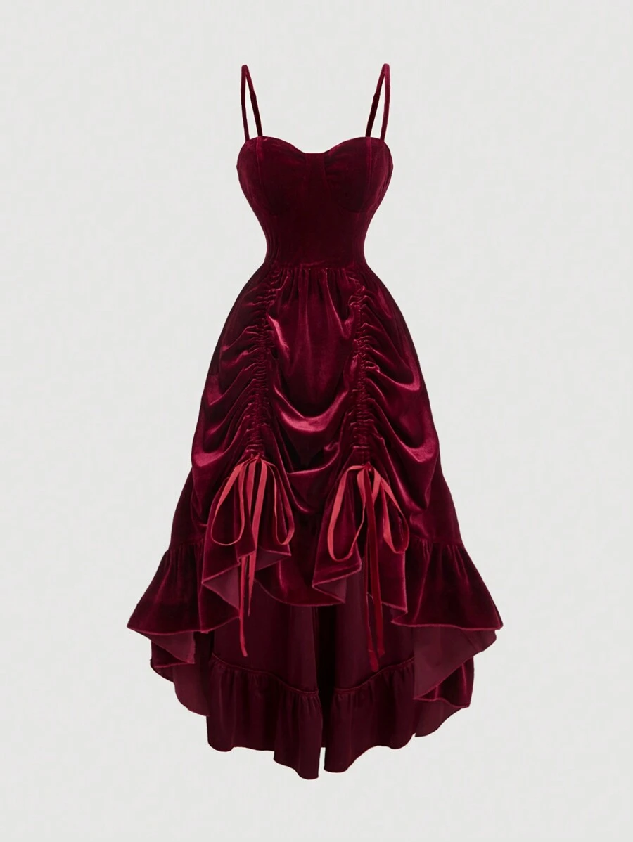 SHEIN MOD Plus Size Women Burgundy Velvet Long Dresses,Fall Wedding Guest Dress,Homecoming Dresses,Brunch Women Outfit,Renaissance Fair, Dress,, Dress,Bridgerton Style Dress,New Year,Valentine,Birthday Dresses For Women,Corset Dress For Women