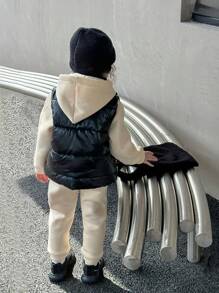 3pcs Young Girl Casual Street Chic Ensemble - Cream Hooded Sweatshirt, Black Padded Vest, And Sweatpants Set, Suitable For Autumn/Winter Leather Outfit For Young Girl - Apricot - View 2