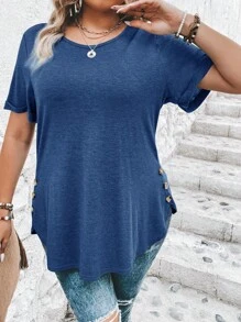 SHEIN Clasi 大码女式秋季纯色圆领短袖侧扣装饰休闲 T 恤 - 寶藍色 - 查看 4
