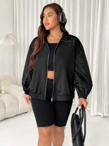 SHEIN EZwear Chaqueta casual con cremallera de unicolor talla grande