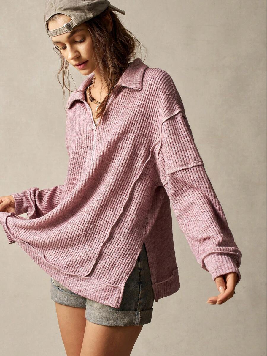 Bohemela Áo thun dài tay Maxi dệt kim màu trơn có khóa kéo phía trước dành cho nữ - Bụi hồng - Xem 1