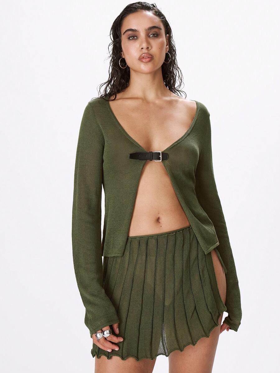 MUSERA Knit Buckle Detail Top Cardigan Y2k Spring - Green - View 1