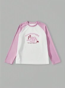 SHEIN Langarm Mädchen T-Shirt im Outdoor Freizeitstil für den Herbst, Kontrasfarbige Blockdesign Camping Musterung, bequemer, atmungsaktiver, weicher Stoff, geeignet für Outdoor-Aktivitäten, Camping, Stadtbummel - Verschiedenfarbig - Übersicht 2