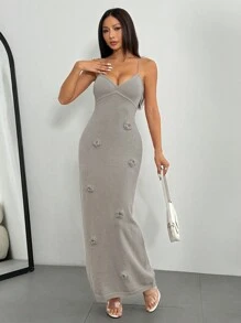 Chiquease Robe nuisette en tricot avec nœud dans le dos, col en V, floral 3D brodé, pour femmes - Gris - Voir 3