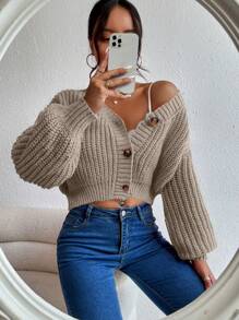 EMERY ROSE Women's Solid Color Dropped Shoulder Long Sleeve Casual Short Knit Cardigan, Autumn Winter,Long Sleeve Tops Fall Cloth For Women - Mocha Brown - View 6