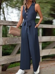 EMERY ROSE Shirt Collar Half-Buttoned Jumpsuit - Navy Blue - View 4