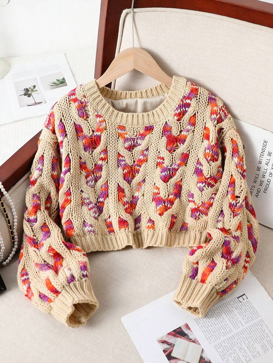 Tween Girls Knitted Christmas Sweater Set, Special Cropped Design With Unique Sleeve Pattern To Highlight Girls' Lively Style. - Khaki - View 1