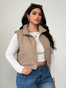 CovetEZ 加大码纯色无袖拉链加垫背心，秋季，冬季 - 卡其色 - 查看 4