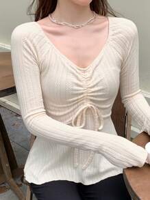 DAZY Damen Lässiges V-Ausschnitt Langarm Pullover Top mit Kordelzug und Rüschensaum, Frühling und Sommer, Herbstkleidung, Schulkleidung