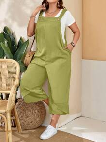 EMERY ROSE Plus Size Women's Black Overalls With Adjustable Straps, Button Closure And Pockets On Split Legs For Spring