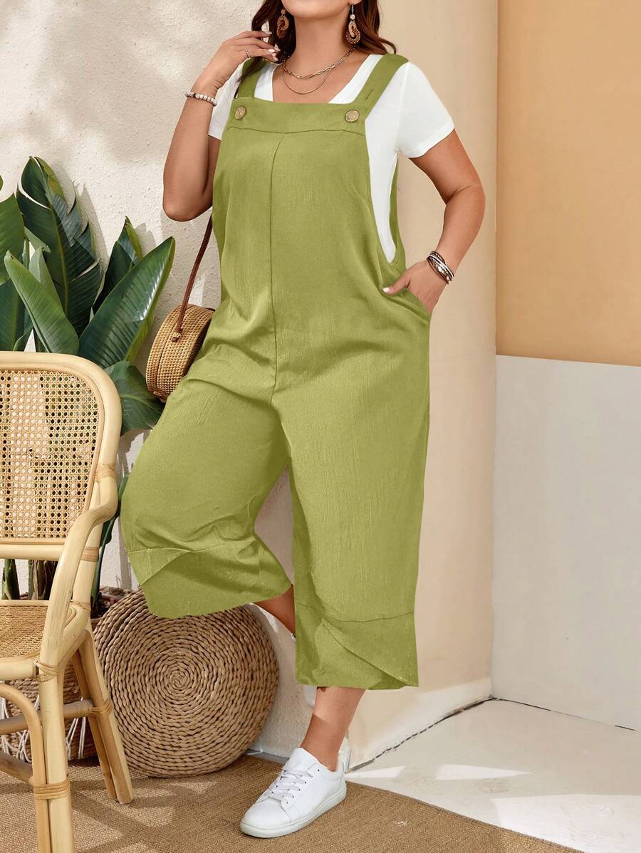 EMERY ROSE Plus Size Women's Black Overalls With Adjustable Straps, Button Closure And Pockets On Split Legs For Spring