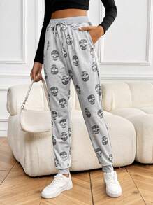 SHEIN LUNE 骷髅印花修身款抽绳腰部口袋运动裤