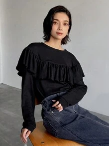FRIFUL 女款純色圓領長袖休閒拼接荷葉邊校園風T恤 - 黑色 - 查看 6