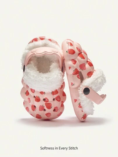 Cozy Pixies 1 par de Zapatillas de estar por casa cómodas con diseño de fresa de dibujos animados para niñas, forradas térmicamente para mantener los pies calientes, apropiadas para otoño e invierno, para niños pequeños y niños