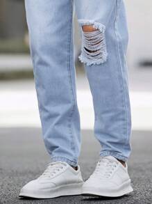 Manfinity Homme Men's Distressed Denim Jeans With Printed Words, Men Graphic Jeans, Men Jeans Jogger, Street Wear Jeans