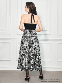 Marilyn Monroe X SHEIN 图案与字母拼布印花挂脖连衣裙（无腰带） - 黑色 - 查看 2