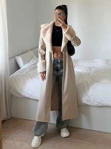SHEIN EZwear Women's Long Fluffy Collar PU Patchwork Regular Jacket, Fall & Winter - Apricot - View 4