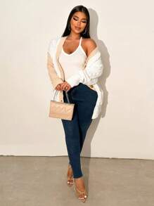 Zolique Ombre Twist Knot Front Button Down Long Sleeve Cardigan - White - View 1