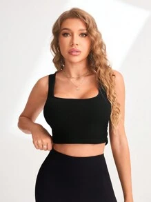 Women Square Neck Seamless Cropped Casual Tank Top - Black - View 5