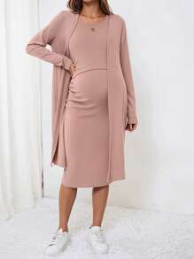 SHEIN MaterniWear 2pcs Casual Autumn Maternity Outfit Cardigan Dress Set - Khaki - View 5