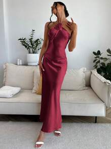 Firerie Women's 3D Flower Neck Tie Dress Elegant Graduation Formal Gown - Burgundy - View 6