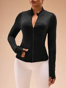 女士黑色修身运动夹克，女士黑色夹克 - 黑色 - 查看 3
