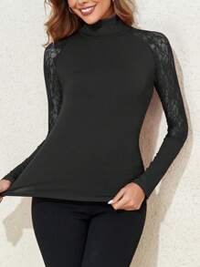 Ren tương phản Cổ cao Áo thun - màu đen - Xem 3