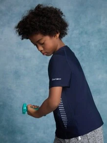 SHEIN Tween Boy Knitted Solid Color Panel Letter Reflective Print Crew Neck Short Sleeve Casual Sports T-Shirt - Navy Blue - View 3