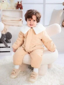 SHEIN Mono informal diario a juego para bebé niño, con cuello de felpa, cálido y grueso, adecuado para el invierno al aire libre