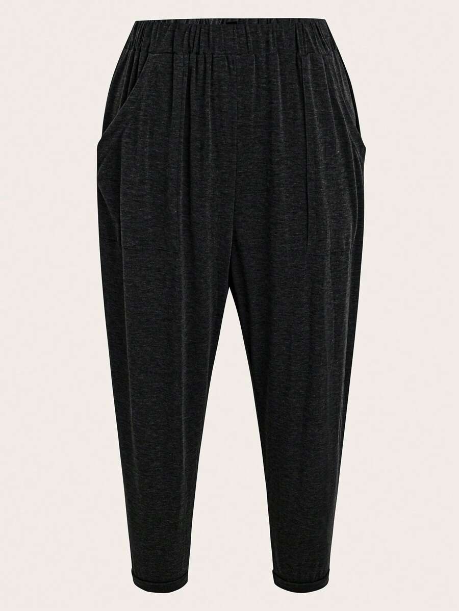 SHEIN LUNE Plus Solid Elastic Waist Joggers - Dark Grey - View 1