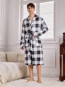 Men's Plaid Print Waist Tie Long Sleeve Robe - Multicolor - View 6