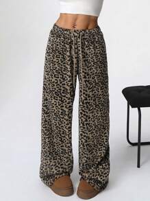 SHEIN EZwear 女士时尚抽绳直筒休闲街头豹纹裤 - 棕色 - 查看 6