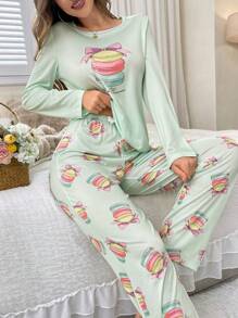 Hand-Painted Macaron Pattern Long Sleeve Top & Pants Pajama Set, Fall Clothes - Mint Green - View 4