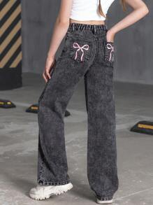 SHEIN 女童正面纽扣多口袋蝴蝶结刺绣星星牛仔裤