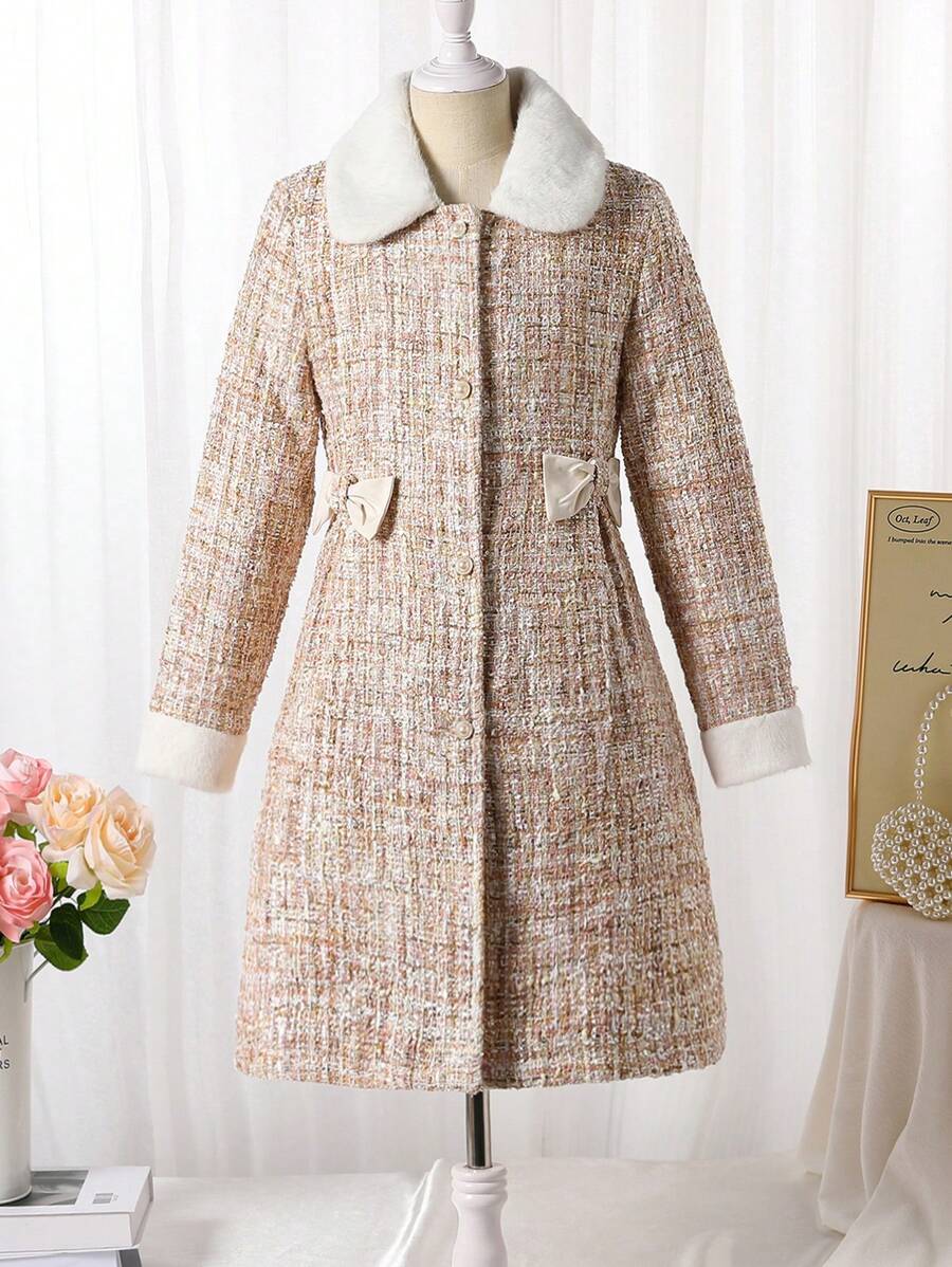 SHEIN Tween Girl Bow Decor Plaid Print Contrast Color Elegant Formal Long Sleeve Dress Jacket - Multicolor - View 1